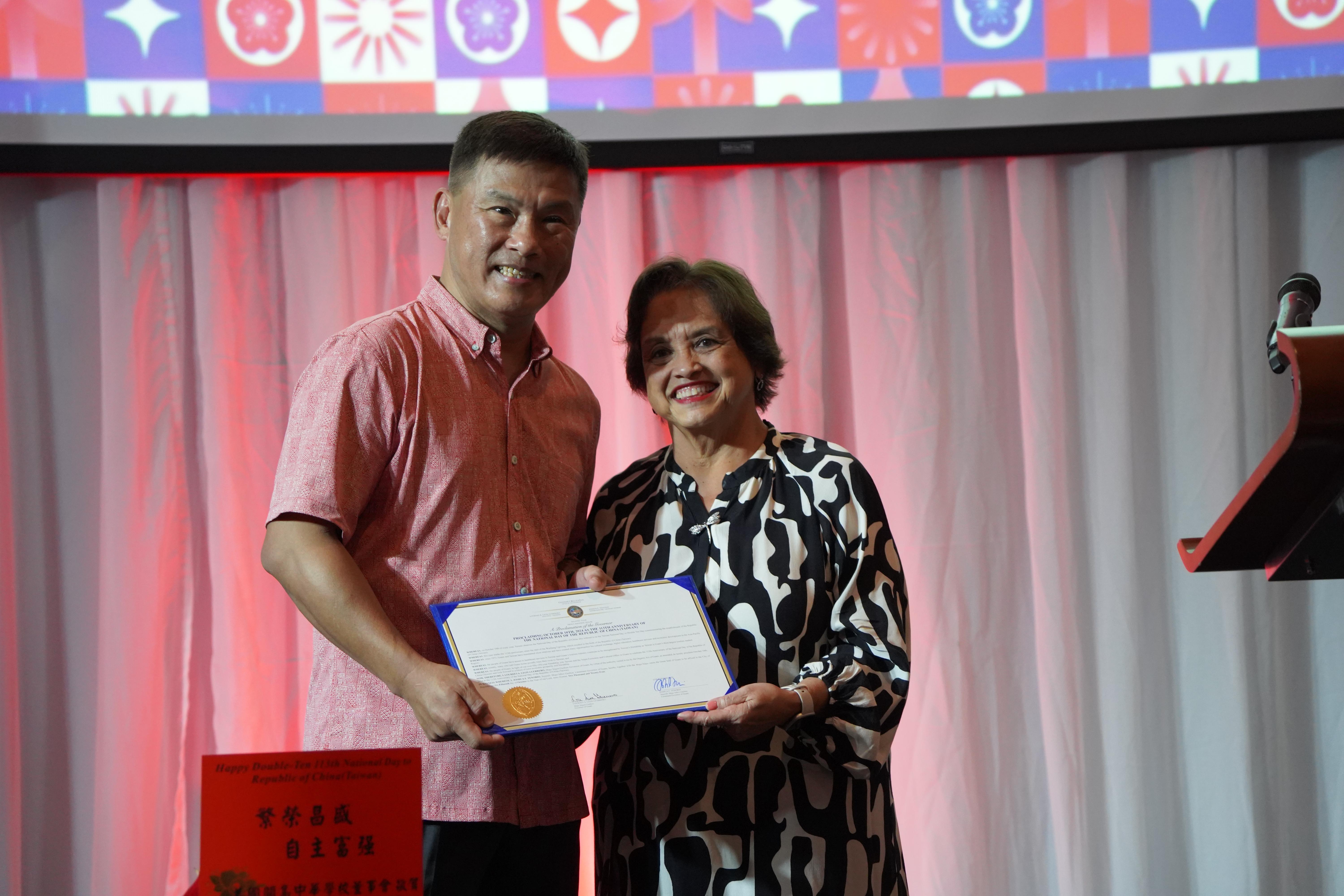 (From left) Chia-Ping Liu, director general, Taipei Economic, and Cultural Office, and Gov. Lourdes A. Leon Guerrero, Guam. 