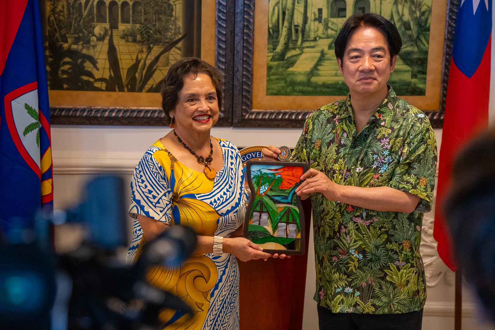 Gov. Lourdes A. Leon Guerrero Gifted President Lai Ching-te with her personal challenge coin and a glass latte stone mosaic by Mark Murer. Photo by Skyler Obispo. 