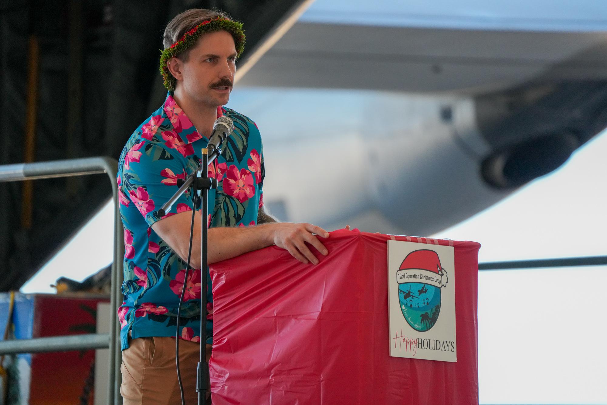 USAF Major Zach &quot;Badger&quot; Overbey, guest speaker and former mission commander and pilot for Operation Christmas Drop. Photo by Skyler Obispo. 