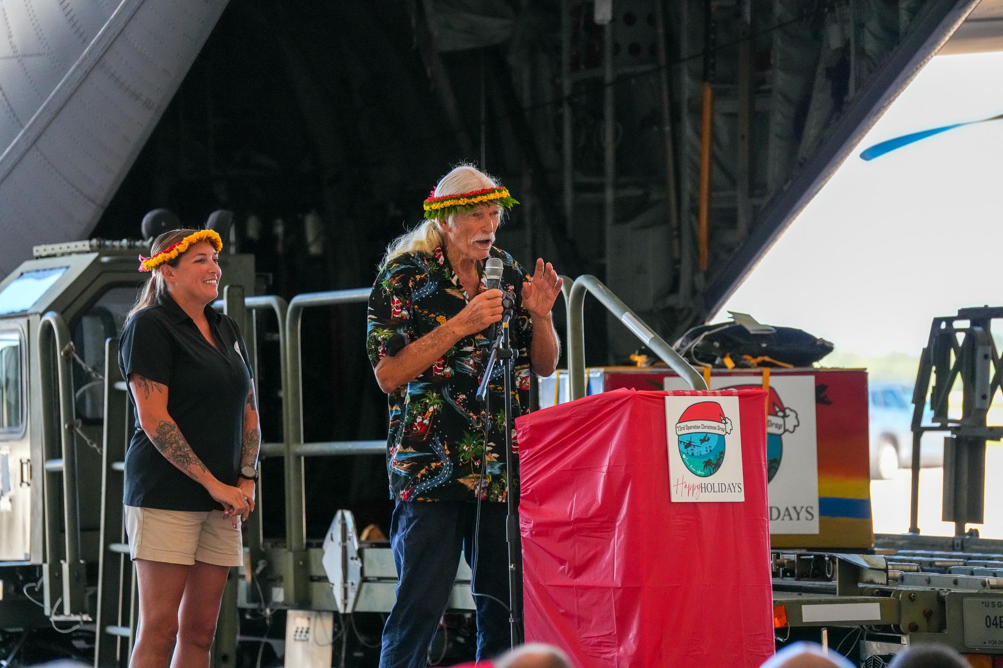 (From left) Master Sgt. Theresa Buck, committee president, and Brother Bruce Best, spokesperson, both from Operation Christmas Drop. Photo by Skyler Obispo. 