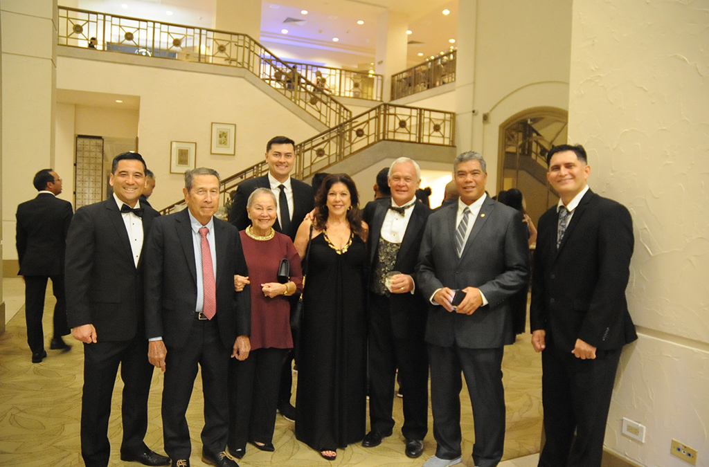 (From left) Patrick Bulaon, vice president and general manager, Matson Navigation Co.; Frank S.N. Shimizu, president, Ambros Inc.; Fermina Shimizu, wife of Frank; Stephen Gatewood, sales and service manager, Matson; Debra Kaae; Leonard K. Kaae, senior vice president and general manager, Black Construction Corp. and husband of Debra; Phillip Santos, account executive; and Camilo Lorenzo, account executive, both with Matson. 